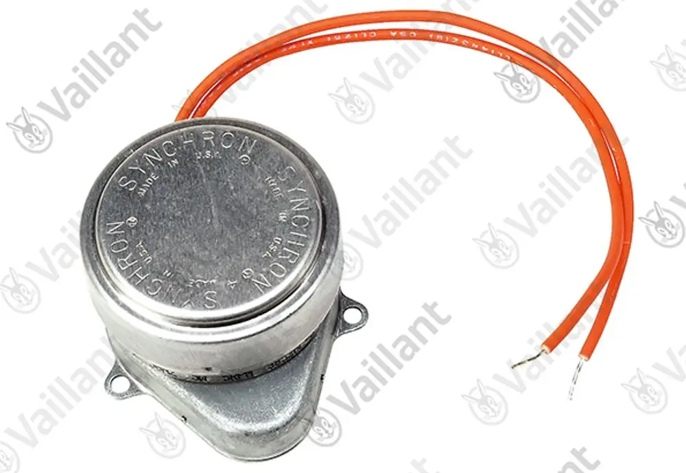 Vaillant Motor mit zwei orangefarbenen Drähten, silberner Gehäusekonstruktion und abgerundetem Deckel, zur Anwendung in Heizsystemen.